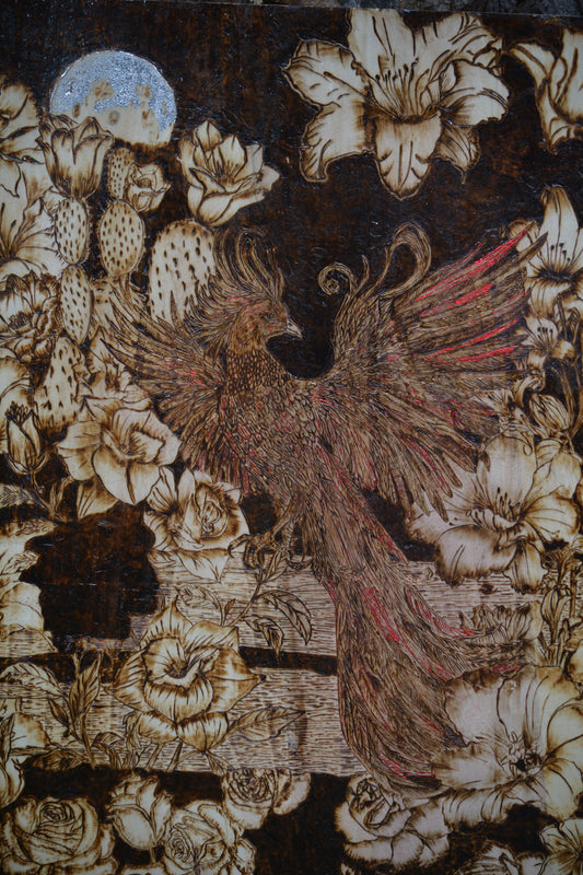 Moonlit Phoenix Woodburning Art