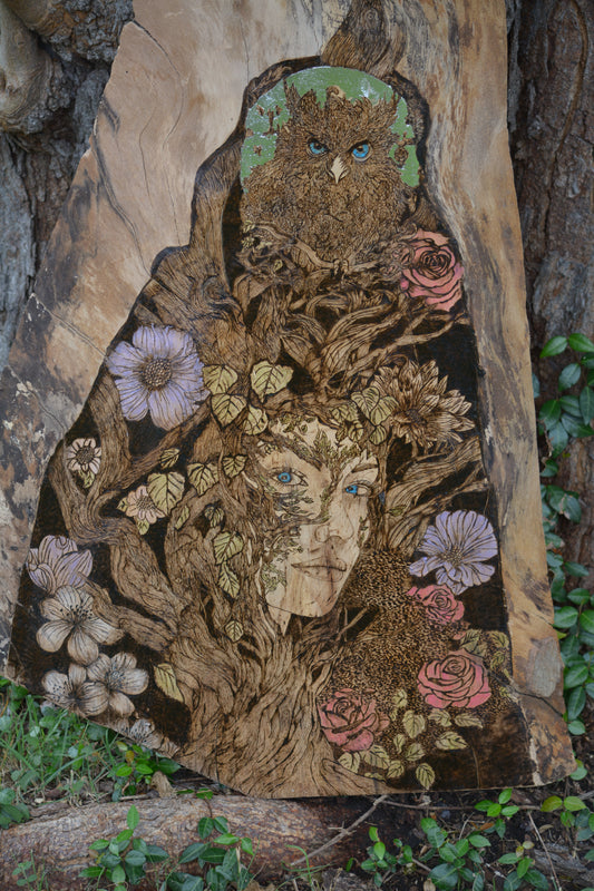 Lady in the Tree Woodburning Art