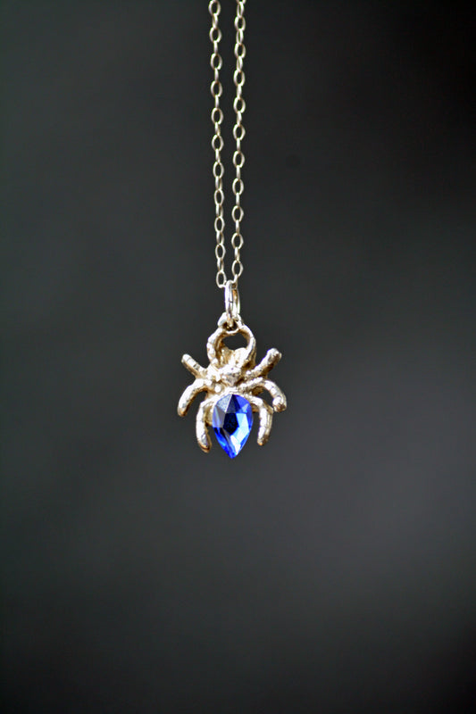 Handcrafted Fine Silver Spider Pendant with Blue Gem Enhancement