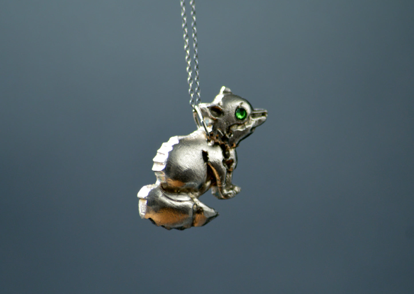 Handcrafted Sterling Silver Fox Pendant with Green Crystal Enhancement