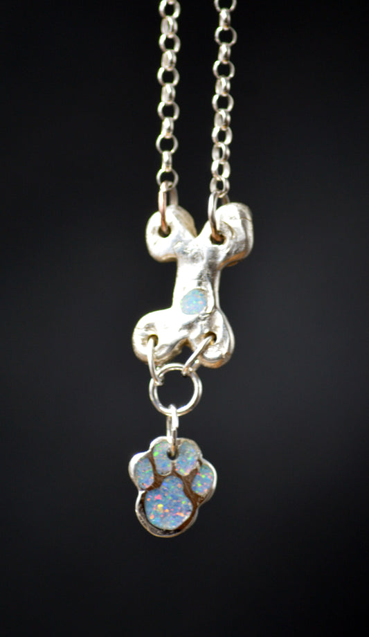 Handcrafted Sterling Silver Dog Bone & Paw with Crushed Blue Opal Inlay