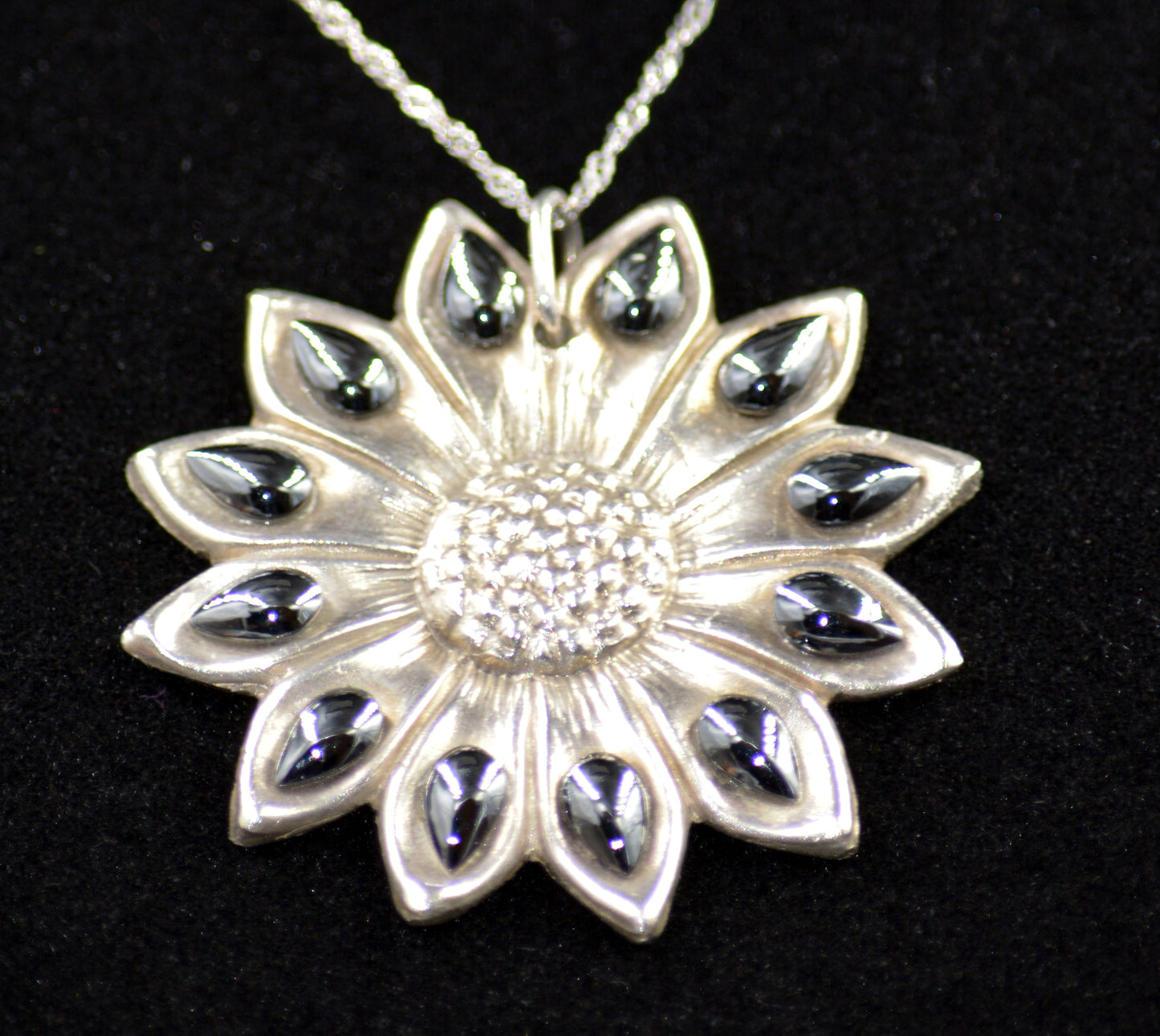 Handcrafted Sterling Silver Sunflower with Onyx Enhancements